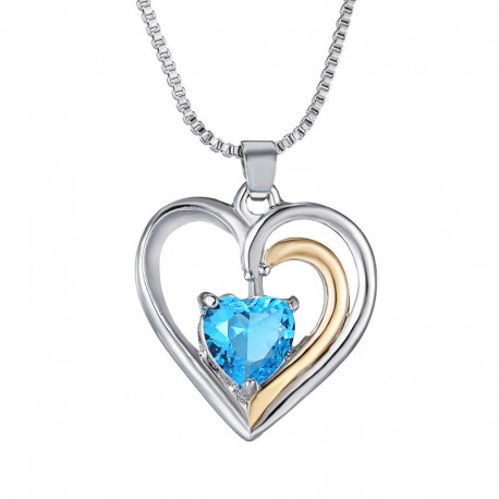 Collier coeur argenté et doré avec strass bleu